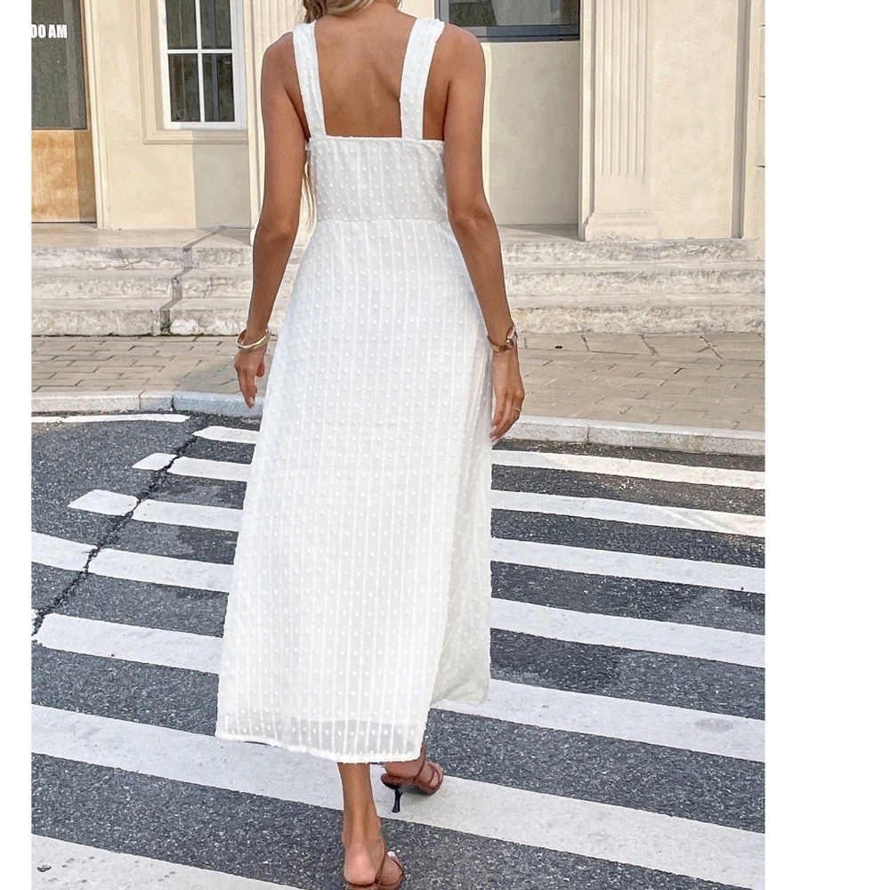 Boho White Swiss Dot High Waisted Cami Midi Dress - Picture 2 of 5